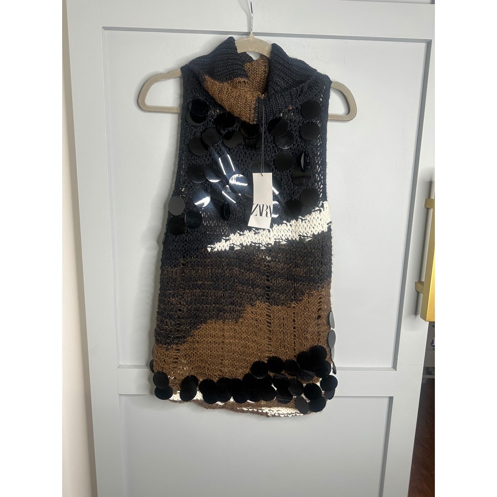Zara Knit Vest Oversized Sequins Turtleneck Brown Black White Crochet 0021/200